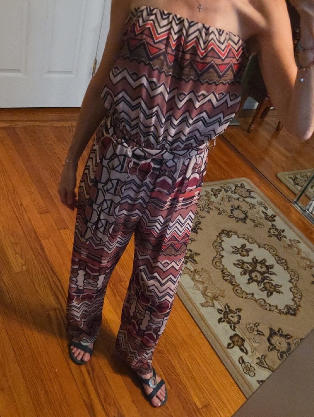 Strapless Printed Wide-Leg Jumpsuit in Mauve and Brown